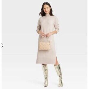 Women's Long Sleeve Midi Sweater Dress - A New Day Cream Taupe Color New